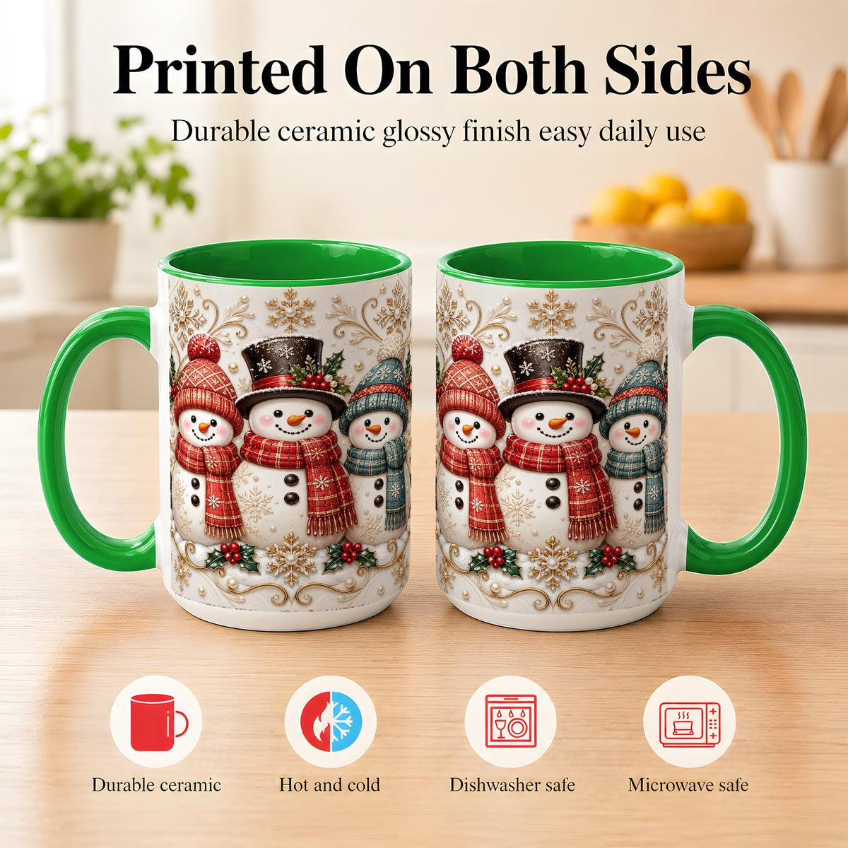 #pl[15oz|Green] Snowman Trio Coffee Mug, Plaid Christmas Mug, Ceramic Cup