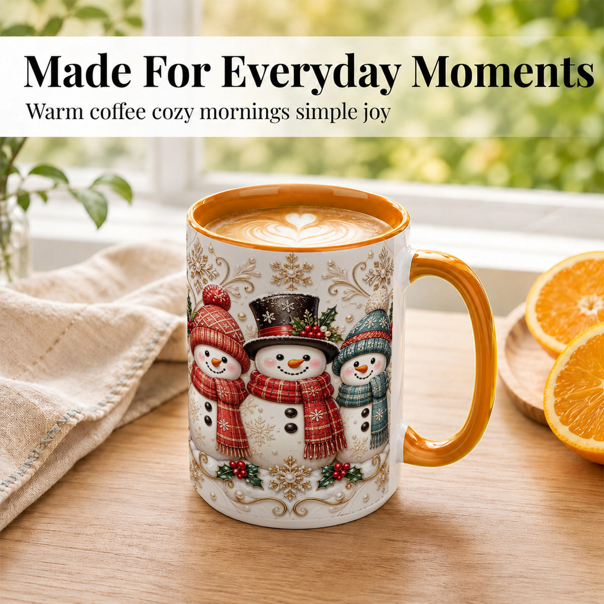 #pl[15oz|Orange] Snowman Trio Coffee Mug, Plaid Christmas Mug, Ceramic Cup