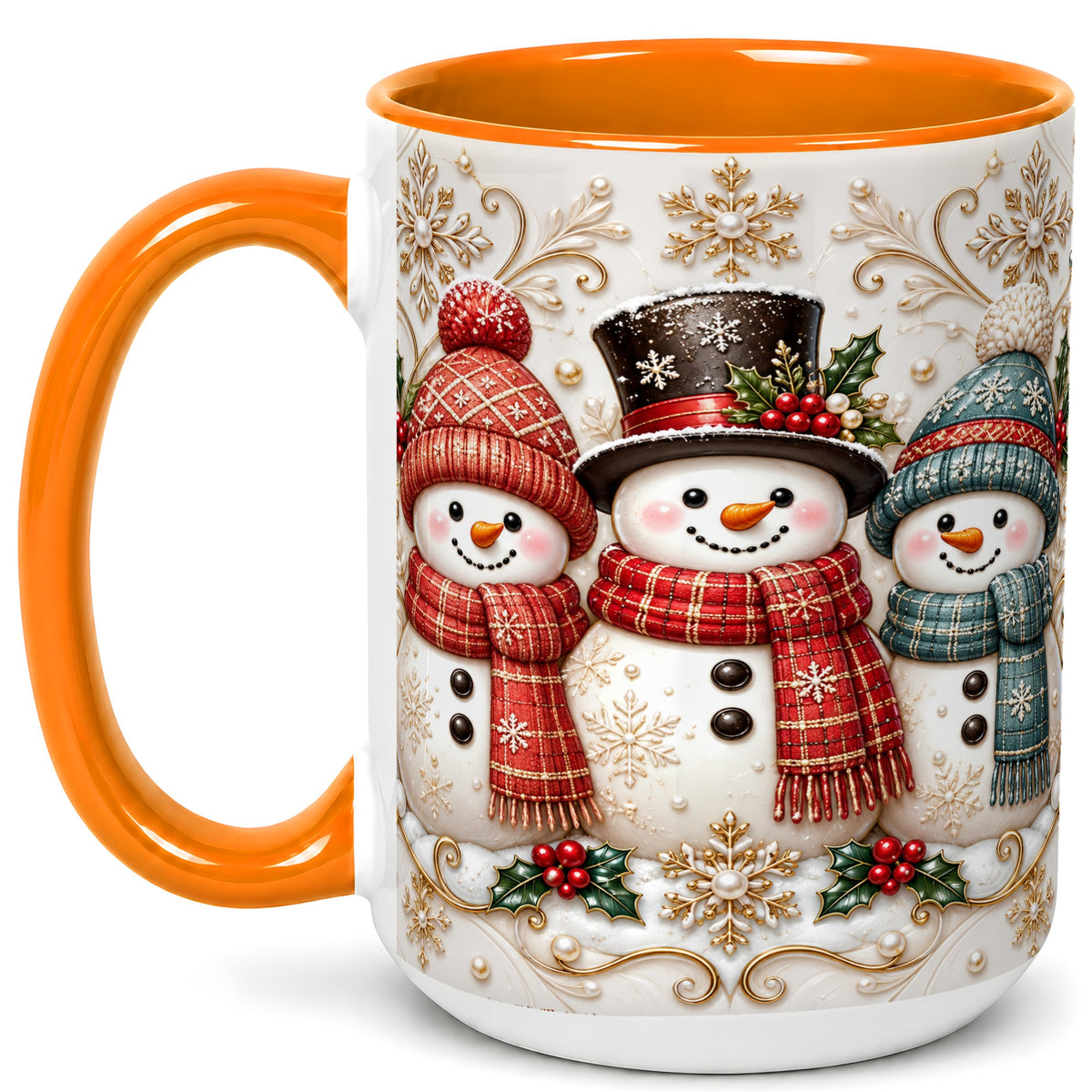 #pl[15oz|Orange] Snowman Trio Coffee Mug, Plaid Christmas Mug, Ceramic Cup