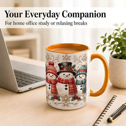 #pl[15oz|Orange] Snowman Trio Coffee Mug, Plaid Christmas Mug, Ceramic Cup