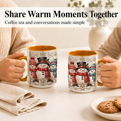 #pl[15oz|Orange] Snowman Trio Coffee Mug, Plaid Christmas Mug, Ceramic Cup