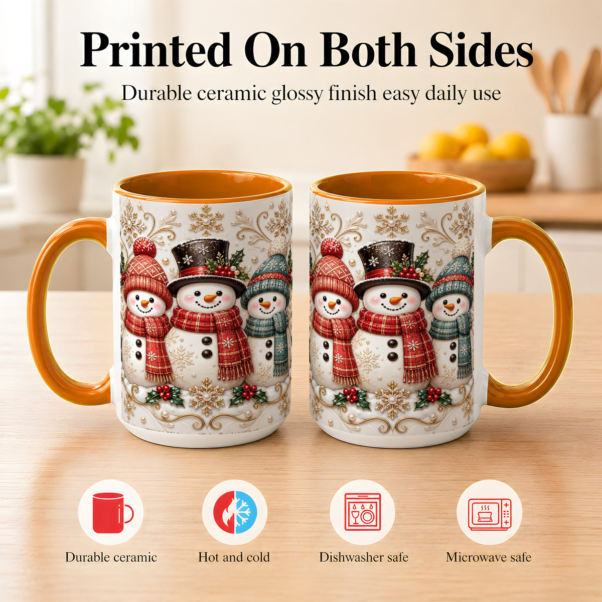 #pl[15oz|Orange] Snowman Trio Coffee Mug, Plaid Christmas Mug, Ceramic Cup