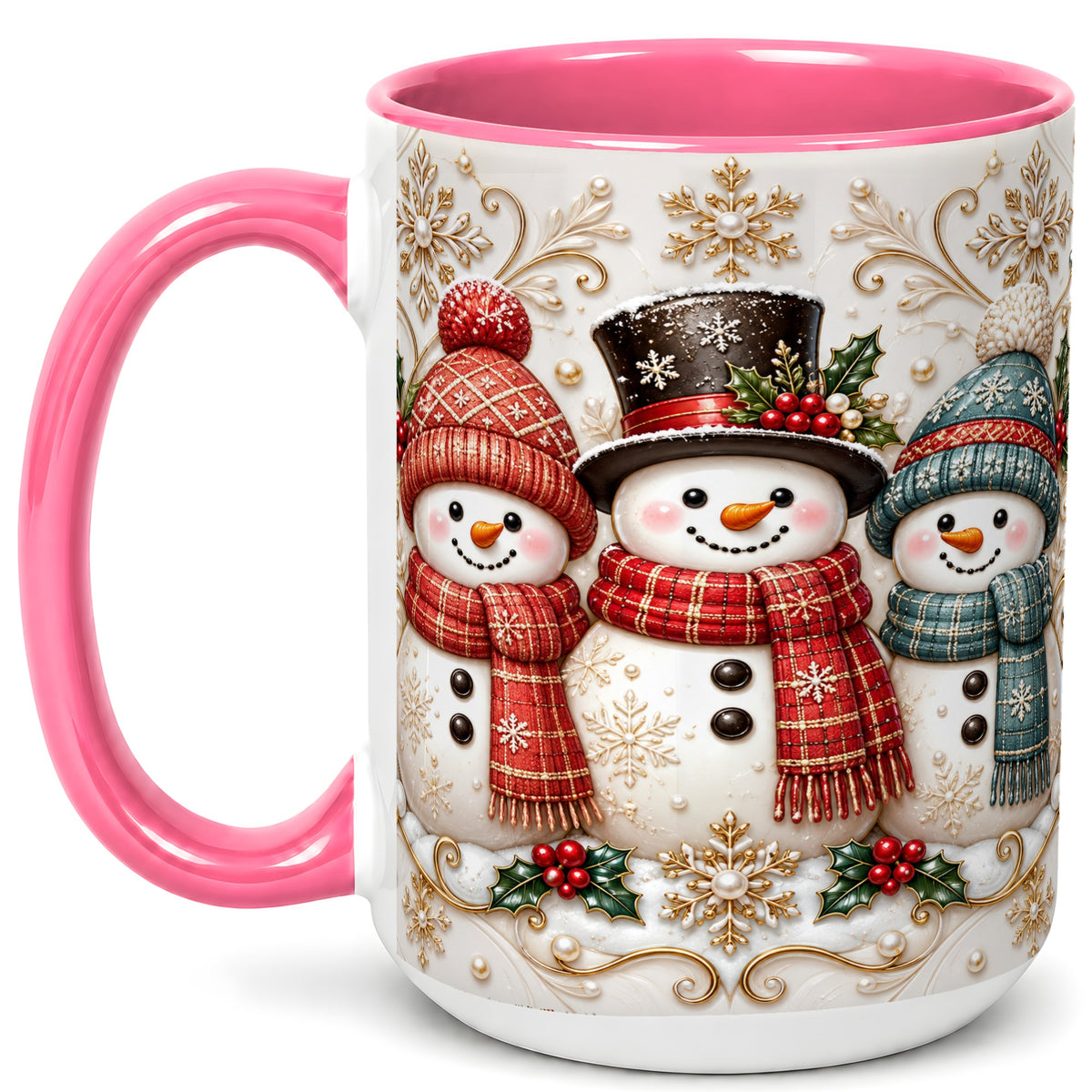#pl[15oz|Pink] Snowman Trio Coffee Mug, Plaid Christmas Mug, Ceramic Cup