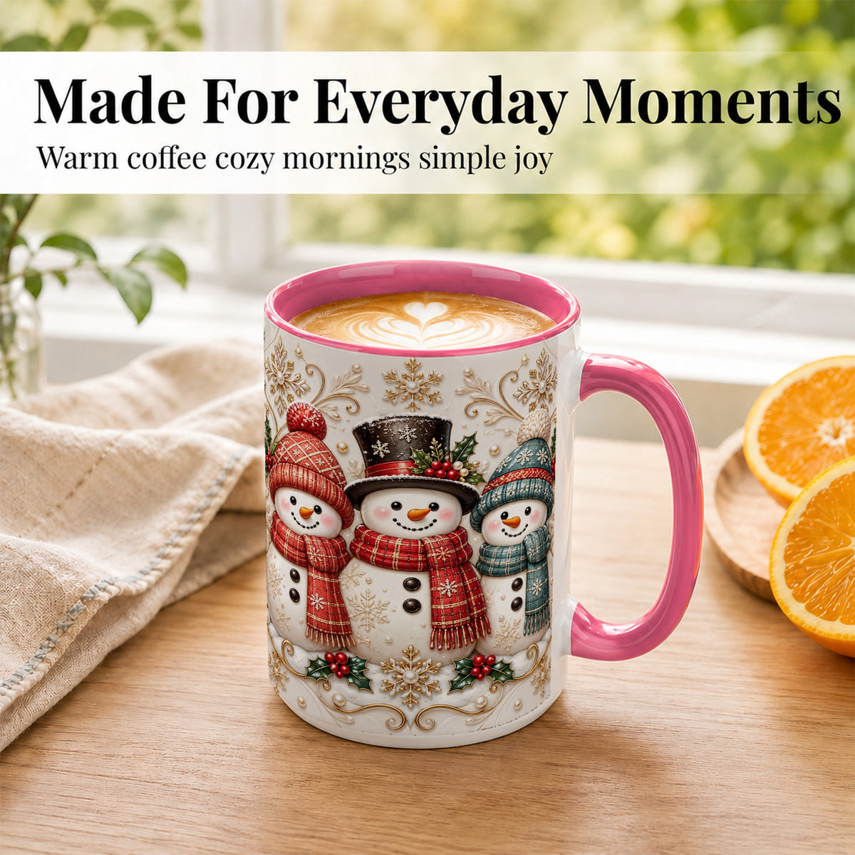 #pl[15oz|Pink] Snowman Trio Coffee Mug, Plaid Christmas Mug, Ceramic Cup