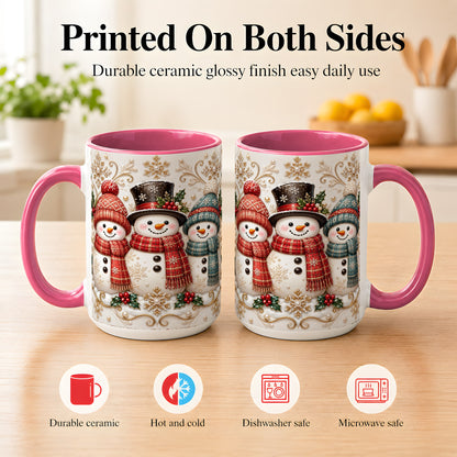 #pl[15oz|Pink] Snowman Trio Coffee Mug, Plaid Christmas Mug, Ceramic Cup