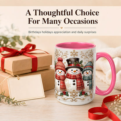 #pl[15oz|Pink] Snowman Trio Coffee Mug, Plaid Christmas Mug, Ceramic Cup