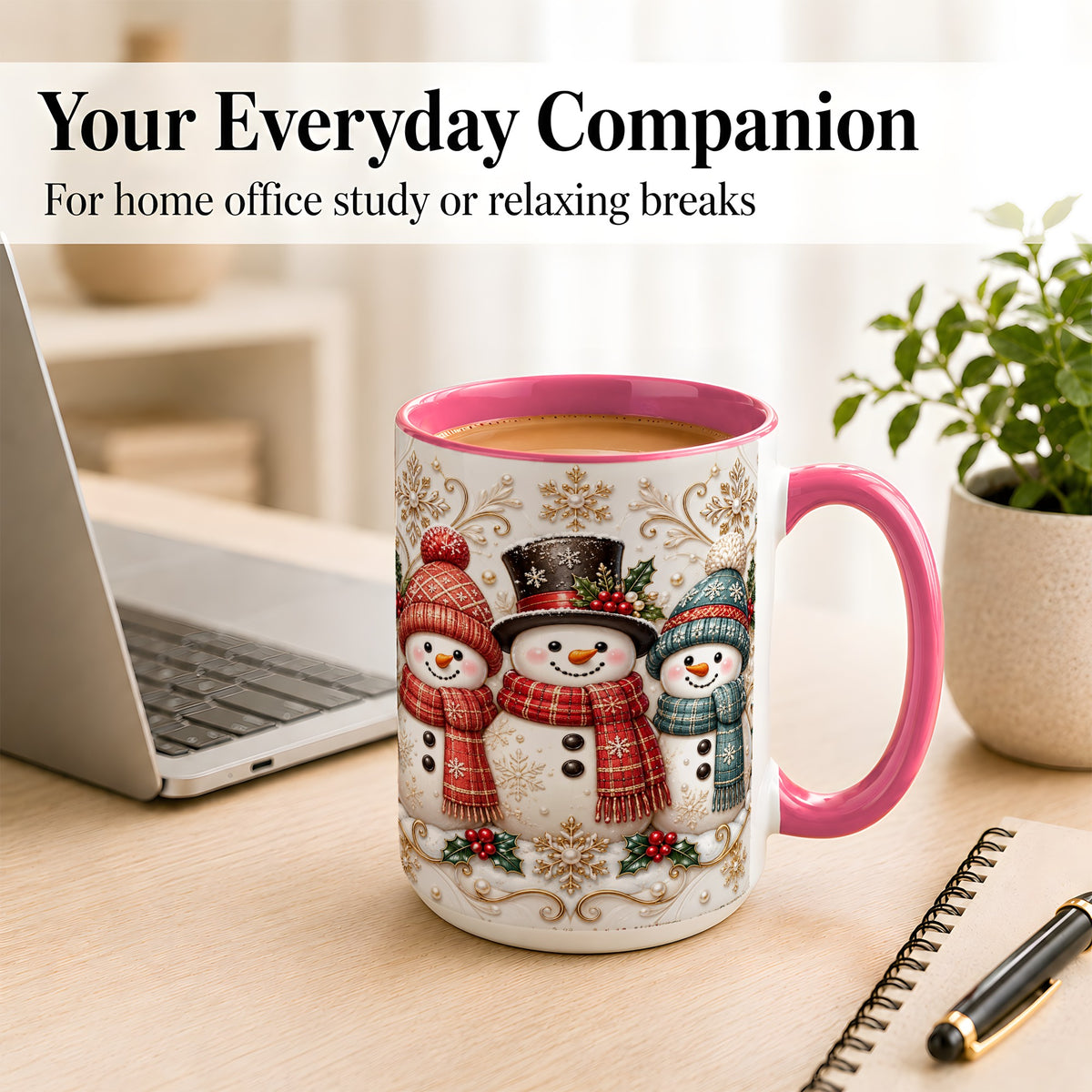 #pl[15oz|Pink] Snowman Trio Coffee Mug, Plaid Christmas Mug, Ceramic Cup