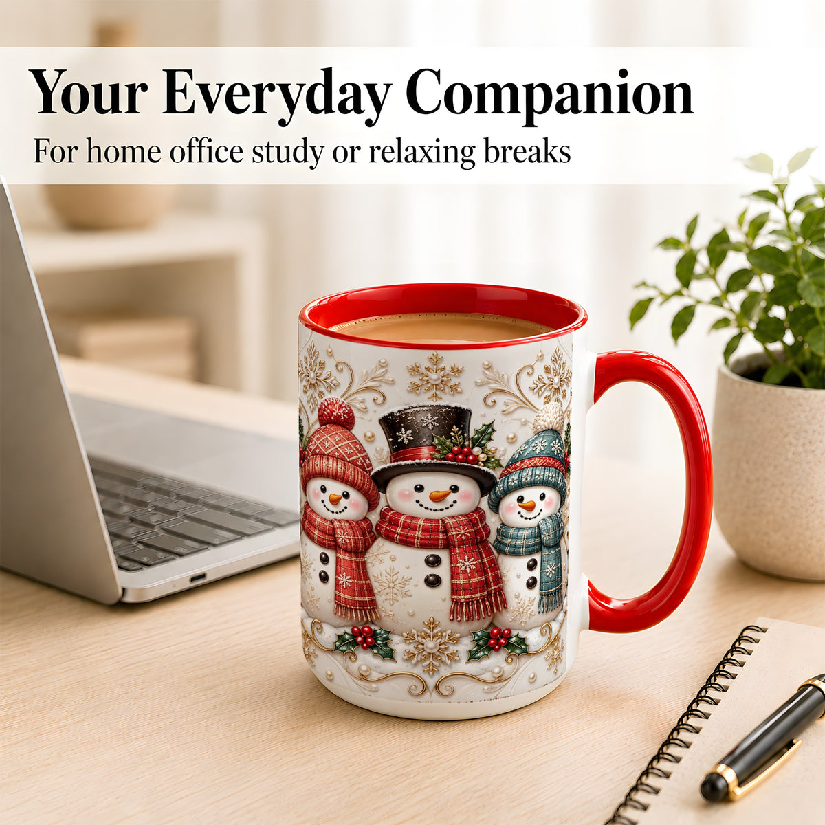 #pl[15oz|Red] Snowman Trio Coffee Mug, Plaid Christmas Mug, Ceramic Cup