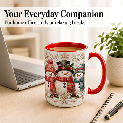 #pl[15oz|Red] Snowman Trio Coffee Mug, Plaid Christmas Mug, Ceramic Cup