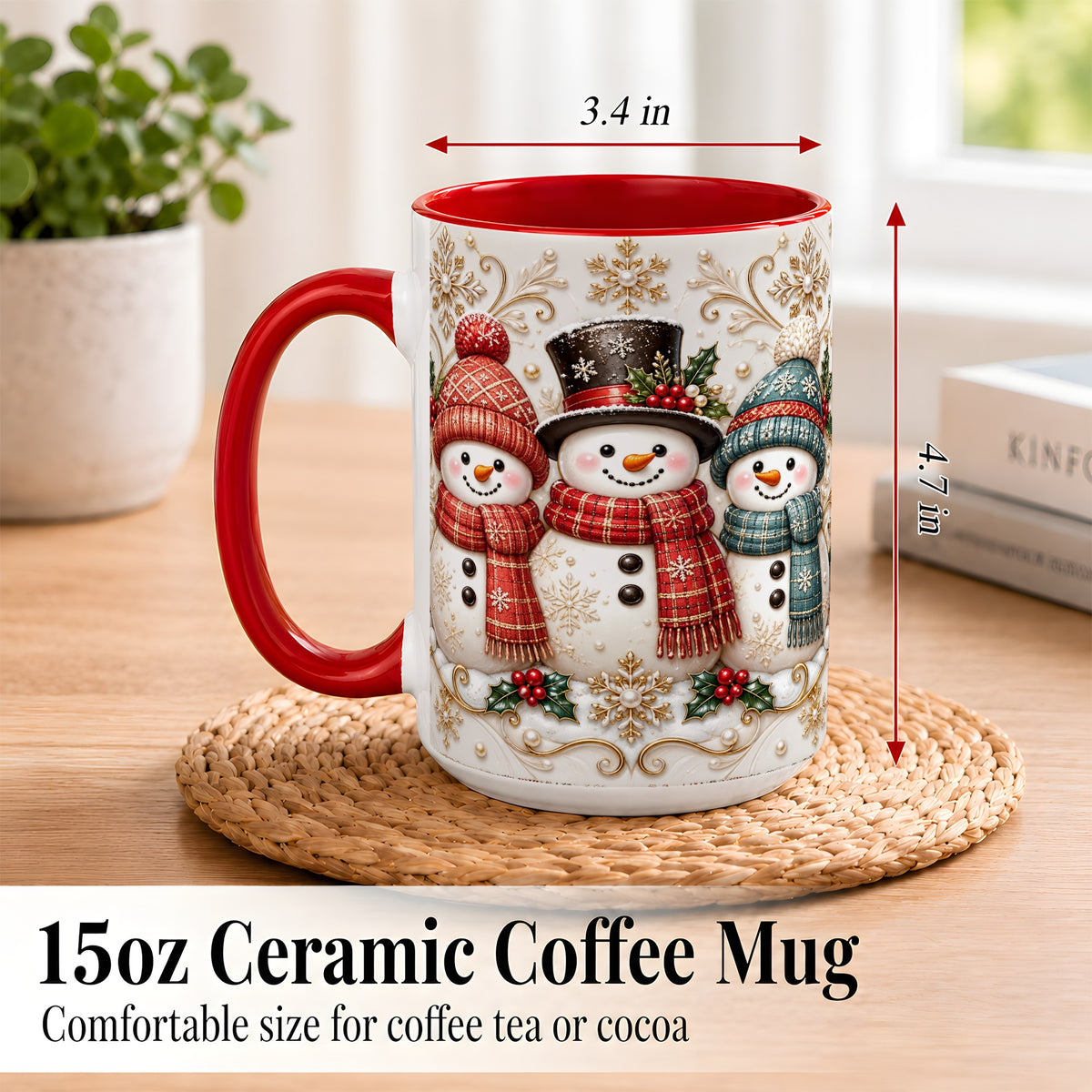 #pl[15oz|Red] Snowman Trio Coffee Mug, Plaid Christmas Mug, Ceramic Cup