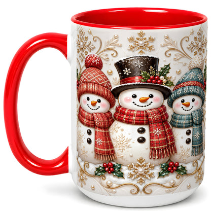 #pl[15oz|Red] Snowman Trio Coffee Mug, Plaid Christmas Mug, Ceramic Cup