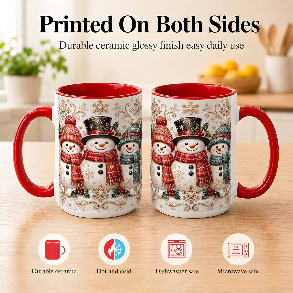 #pl[15oz|Red] Snowman Trio Coffee Mug, Plaid Christmas Mug, Ceramic Cup