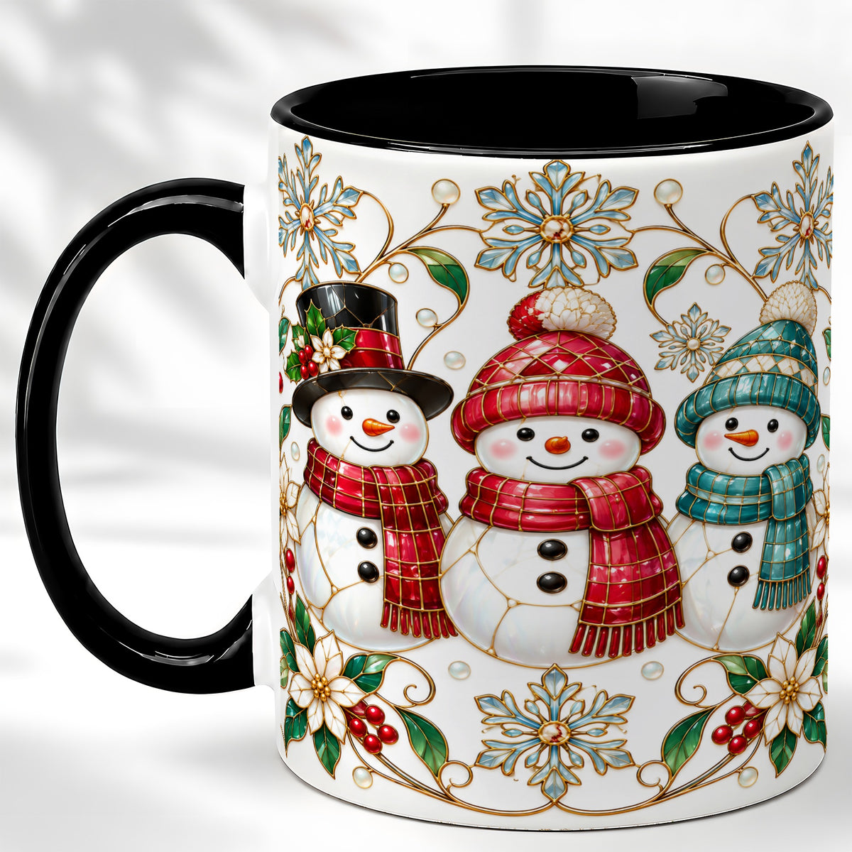 #pl[11oz|Black] Stained Glass Snowman Coffee Mug, Christmas Snowman Mug, Ceramic Cup