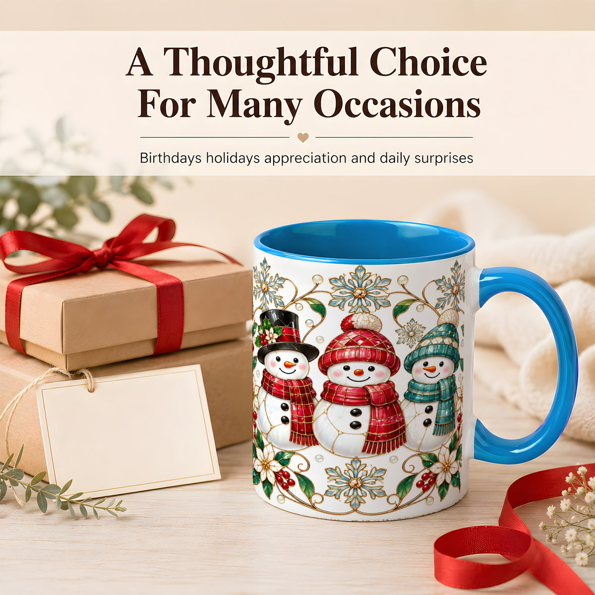 #pl[11oz|Blue] Stained Glass Snowman Coffee Mug, Christmas Snowman Mug, Ceramic Cup