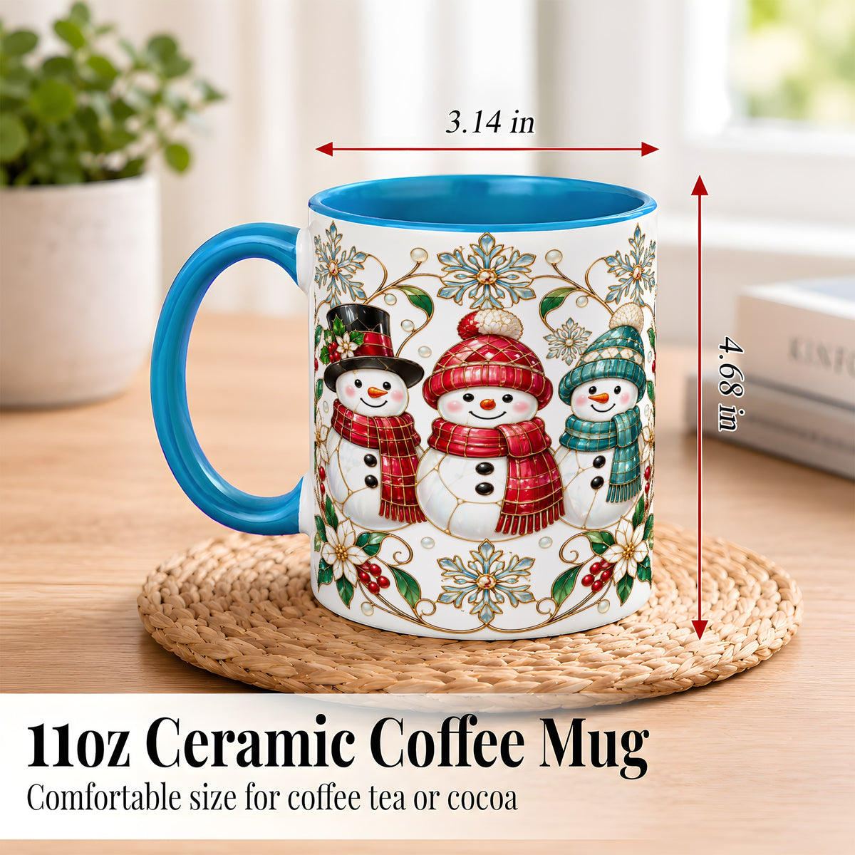 #pl[11oz|Blue] Stained Glass Snowman Coffee Mug, Christmas Snowman Mug, Ceramic Cup