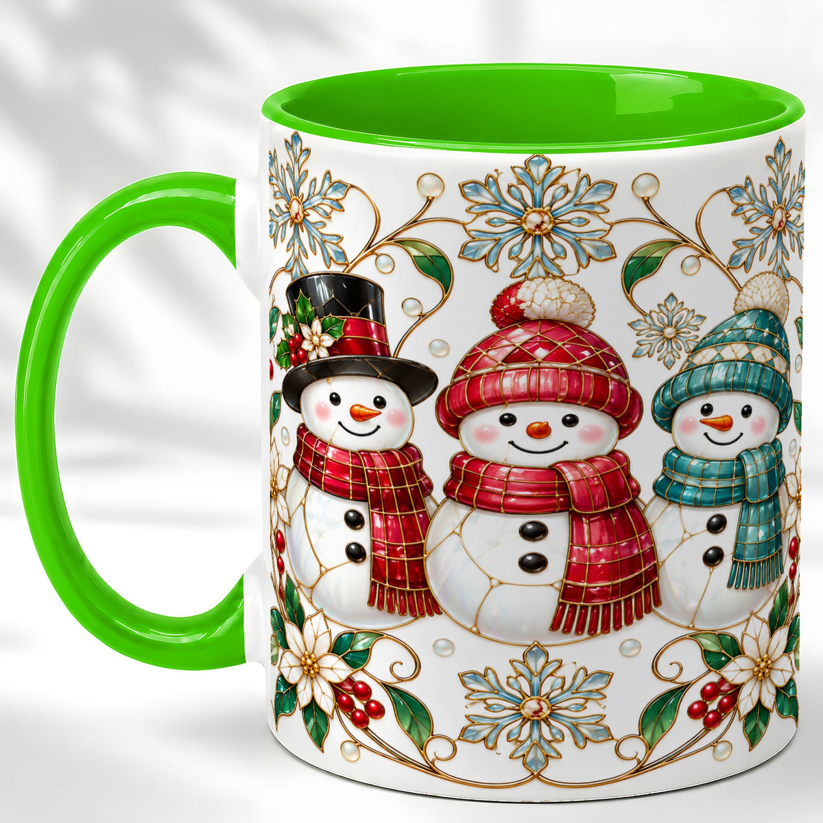 #pl[11oz|Green] Stained Glass Snowman Coffee Mug, Christmas Snowman Mug, Ceramic Cup