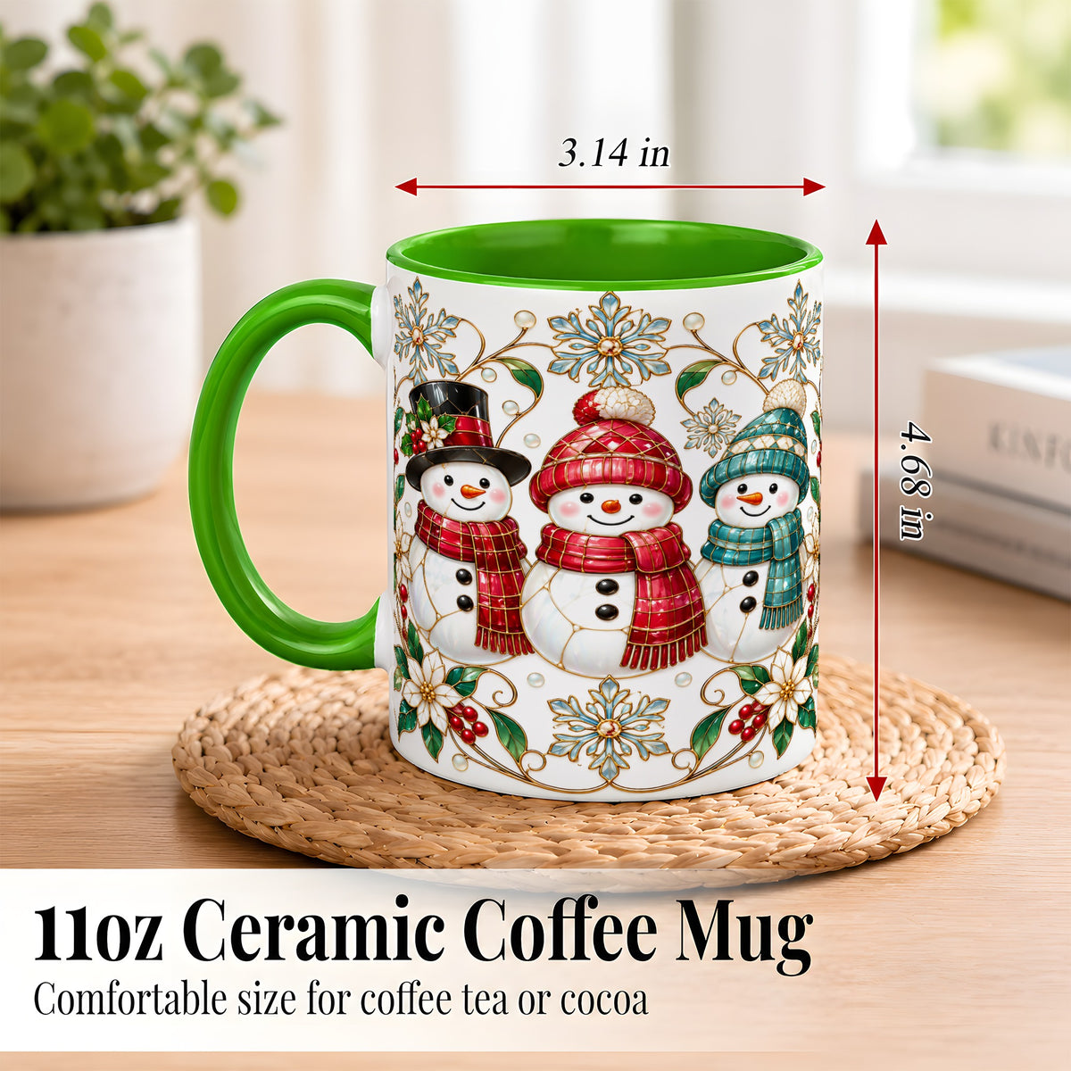 #pl[11oz|Green] Stained Glass Snowman Coffee Mug, Christmas Snowman Mug, Ceramic Cup