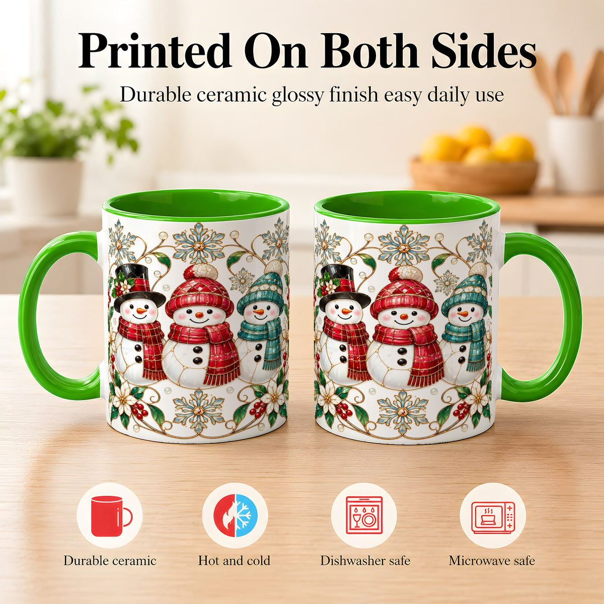 #pl[11oz|Green] Stained Glass Snowman Coffee Mug, Christmas Snowman Mug, Ceramic Cup