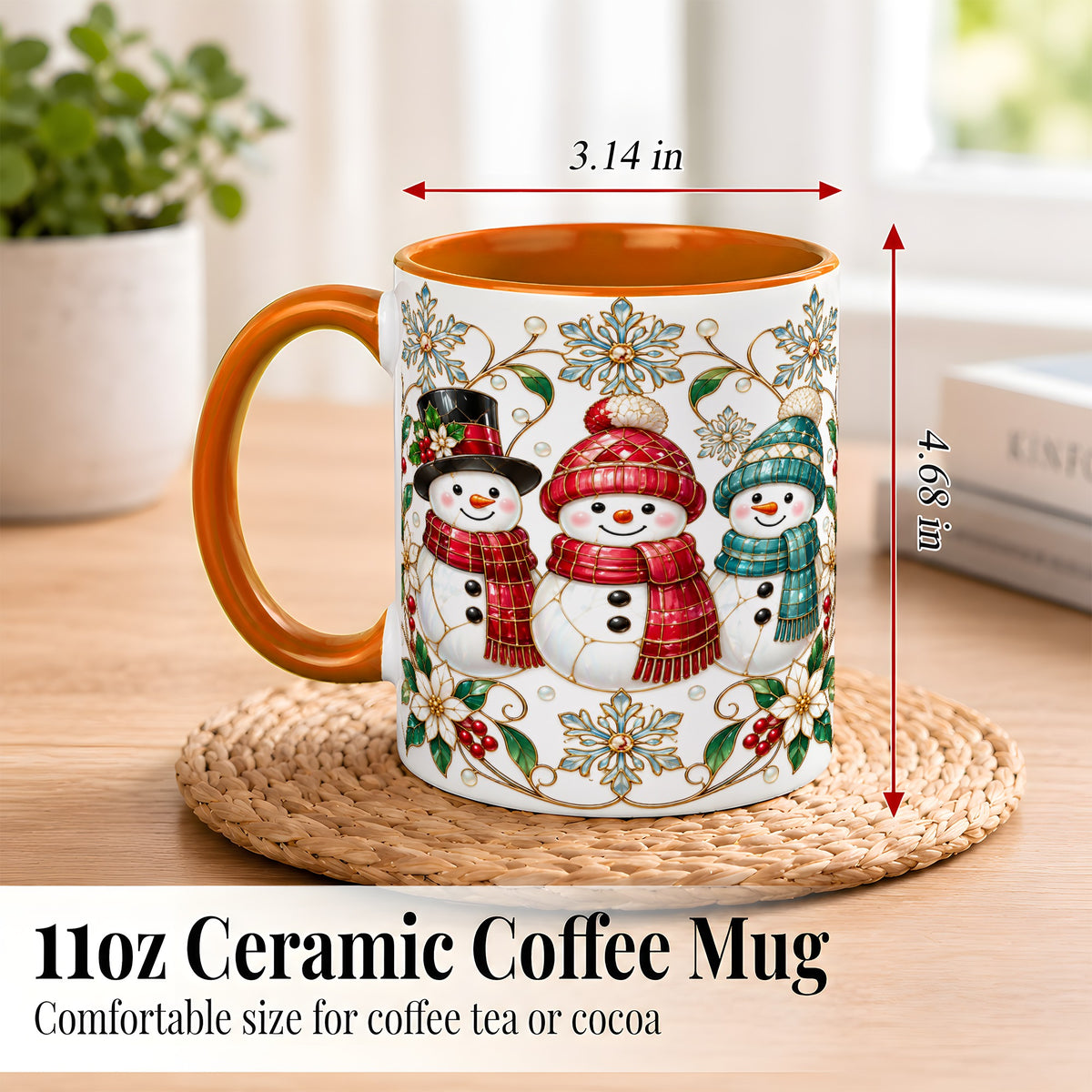 #pl[11oz|Orange] Stained Glass Snowman Coffee Mug, Christmas Snowman Mug, Ceramic Cup