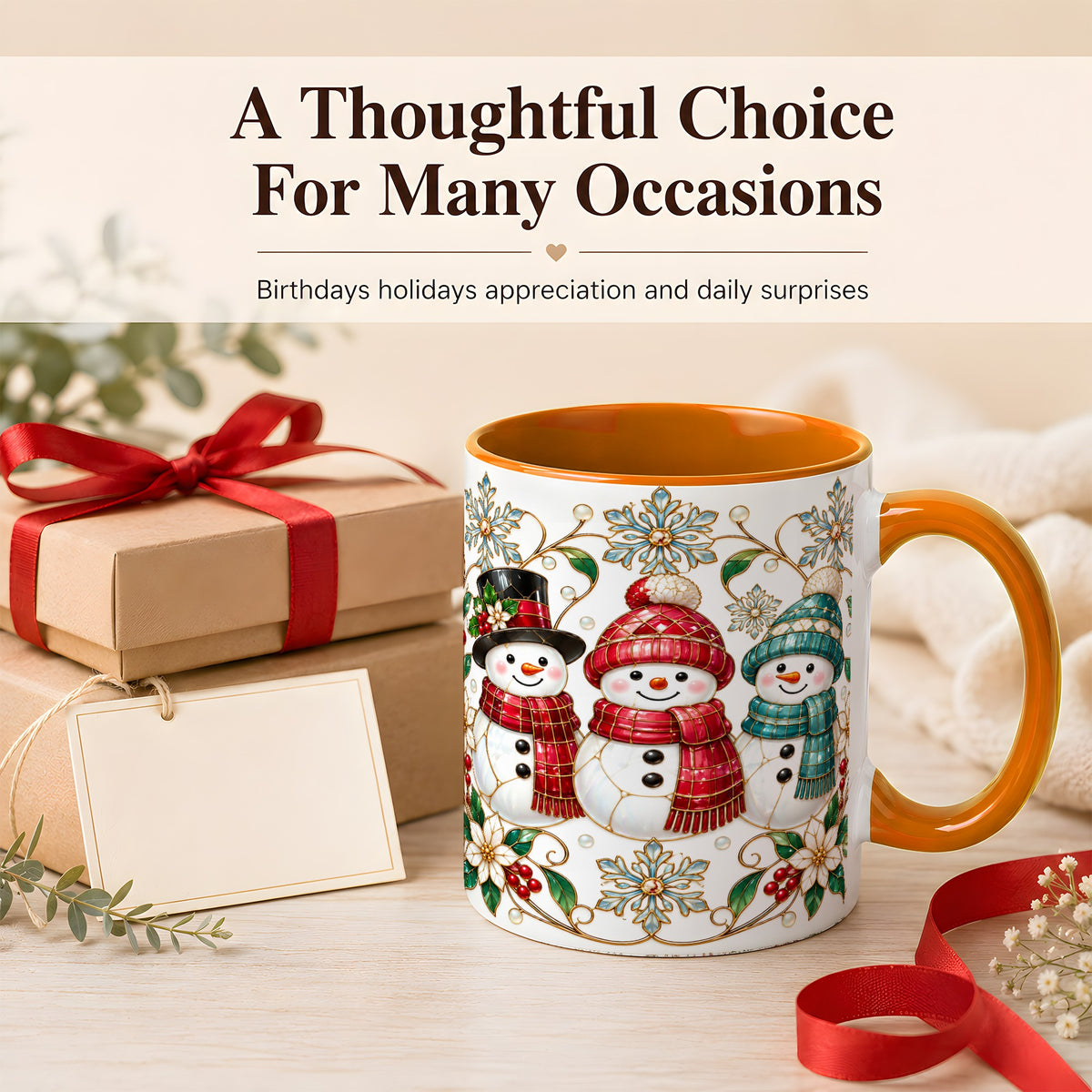 #pl[11oz|Orange] Stained Glass Snowman Coffee Mug, Christmas Snowman Mug, Ceramic Cup