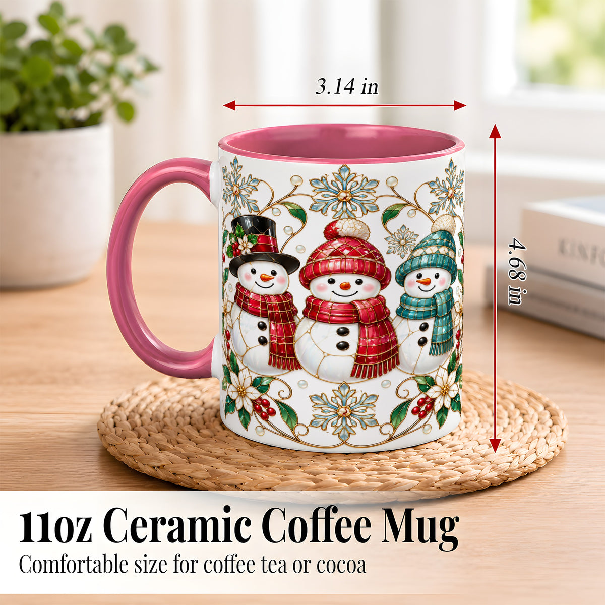 #pl[11oz|Pink] Stained Glass Snowman Coffee Mug, Christmas Snowman Mug, Ceramic Cup