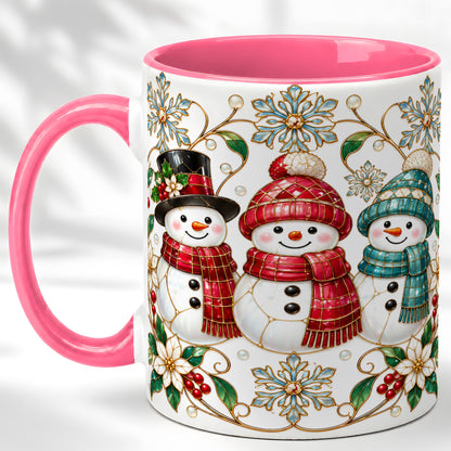 #pl[11oz|Pink] Stained Glass Snowman Coffee Mug, Christmas Snowman Mug, Ceramic Cup