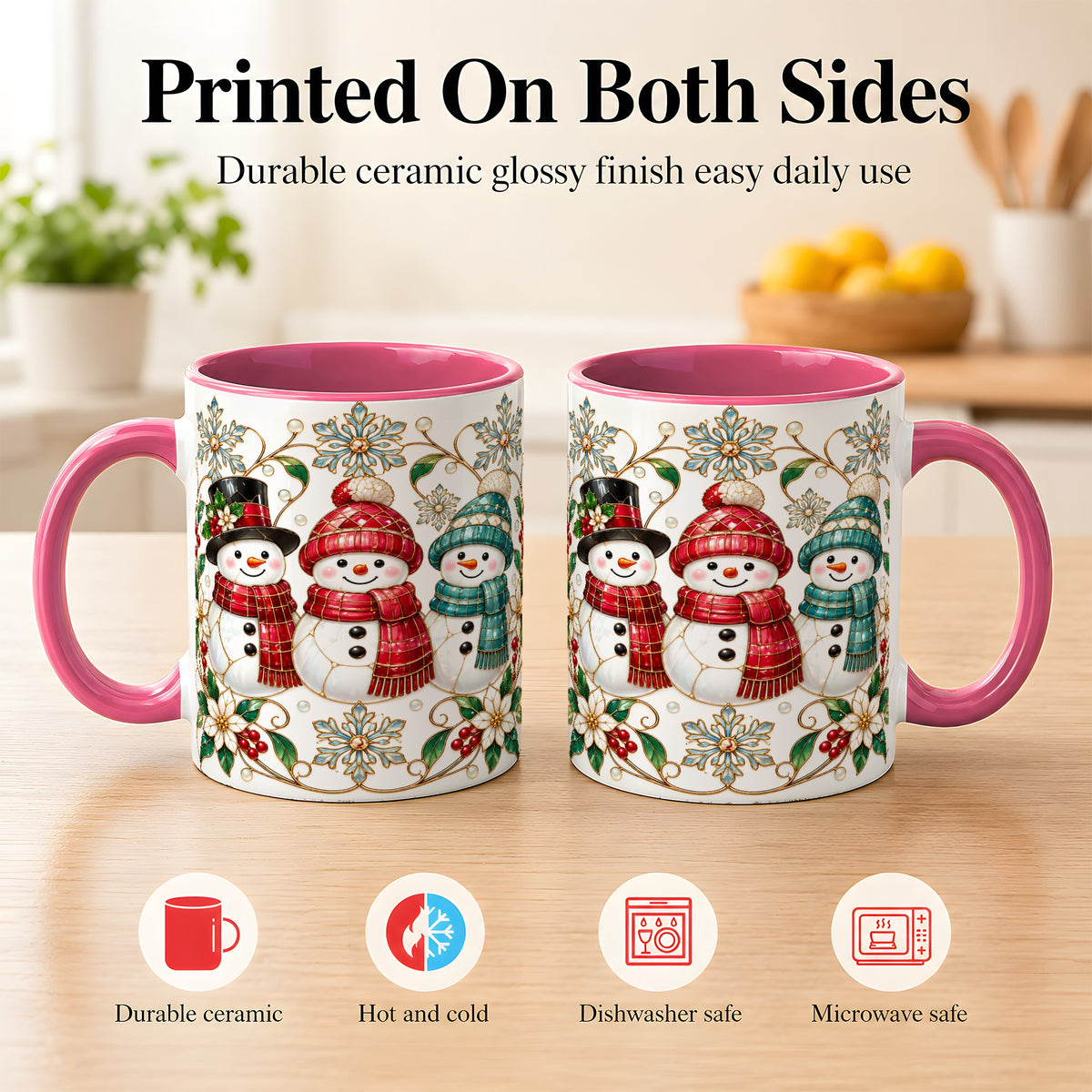 #pl[11oz|Pink] Stained Glass Snowman Coffee Mug, Christmas Snowman Mug, Ceramic Cup