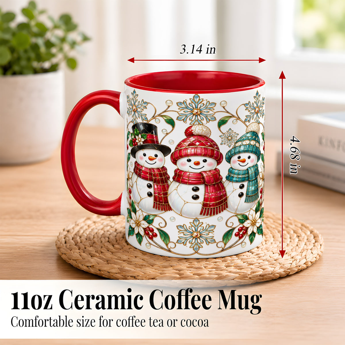 #pl[11oz|Red] Stained Glass Snowman Coffee Mug, Christmas Snowman Mug, Ceramic Cup