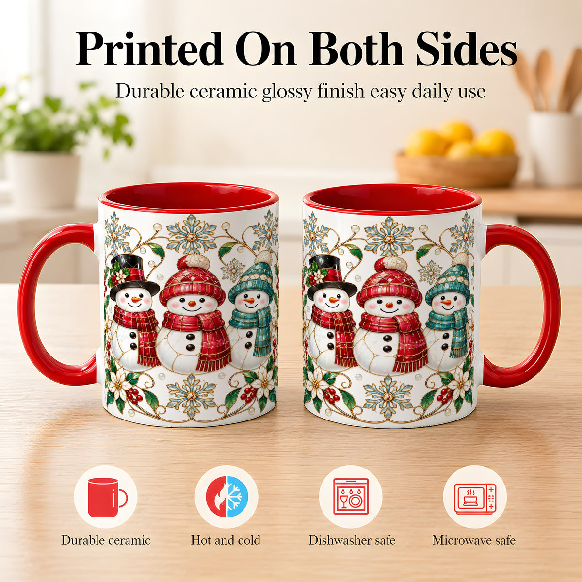 #pl[11oz|Red] Stained Glass Snowman Coffee Mug, Christmas Snowman Mug, Ceramic Cup