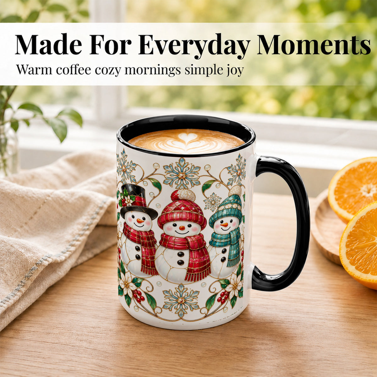 #pl[15oz|Black] Stained Glass Snowman Coffee Mug, Christmas Snowman Mug, Ceramic Cup