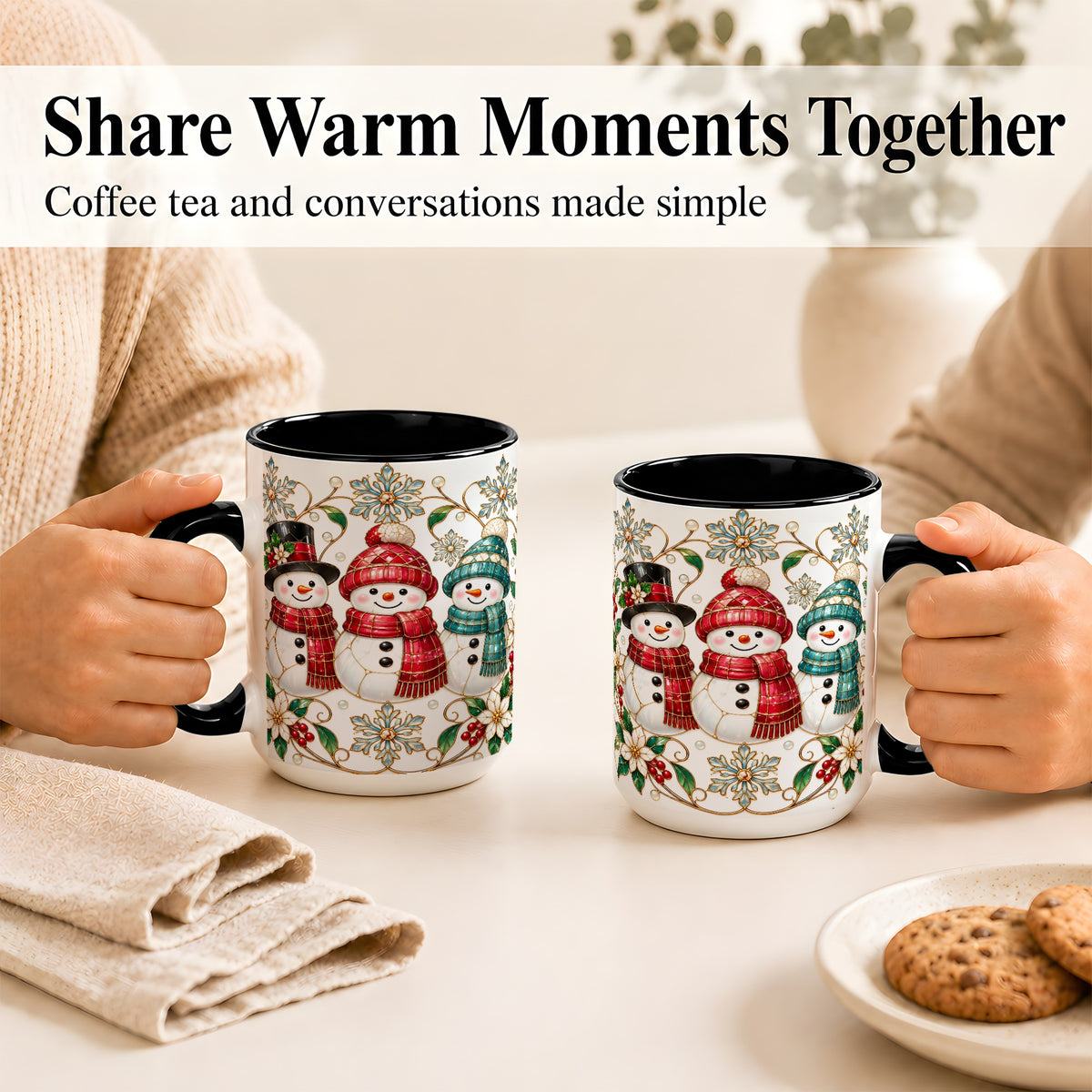 #pl[15oz|Black] Stained Glass Snowman Coffee Mug, Christmas Snowman Mug, Ceramic Cup