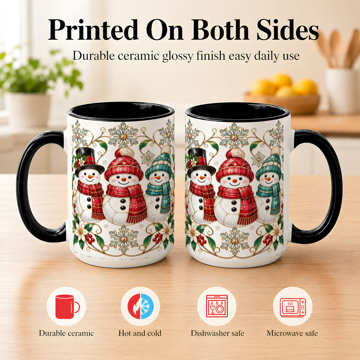 #pl[15oz|Black] Stained Glass Snowman Coffee Mug, Christmas Snowman Mug, Ceramic Cup