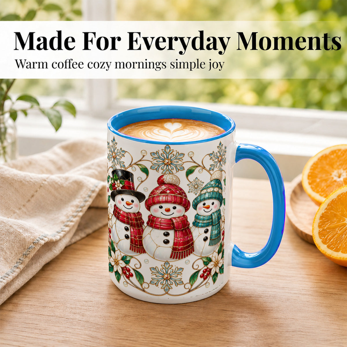 #pl[15oz|Blue] Stained Glass Snowman Coffee Mug, Christmas Snowman Mug, Ceramic Cup