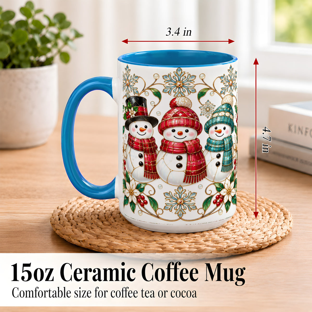 #pl[15oz|Blue] Stained Glass Snowman Coffee Mug, Christmas Snowman Mug, Ceramic Cup