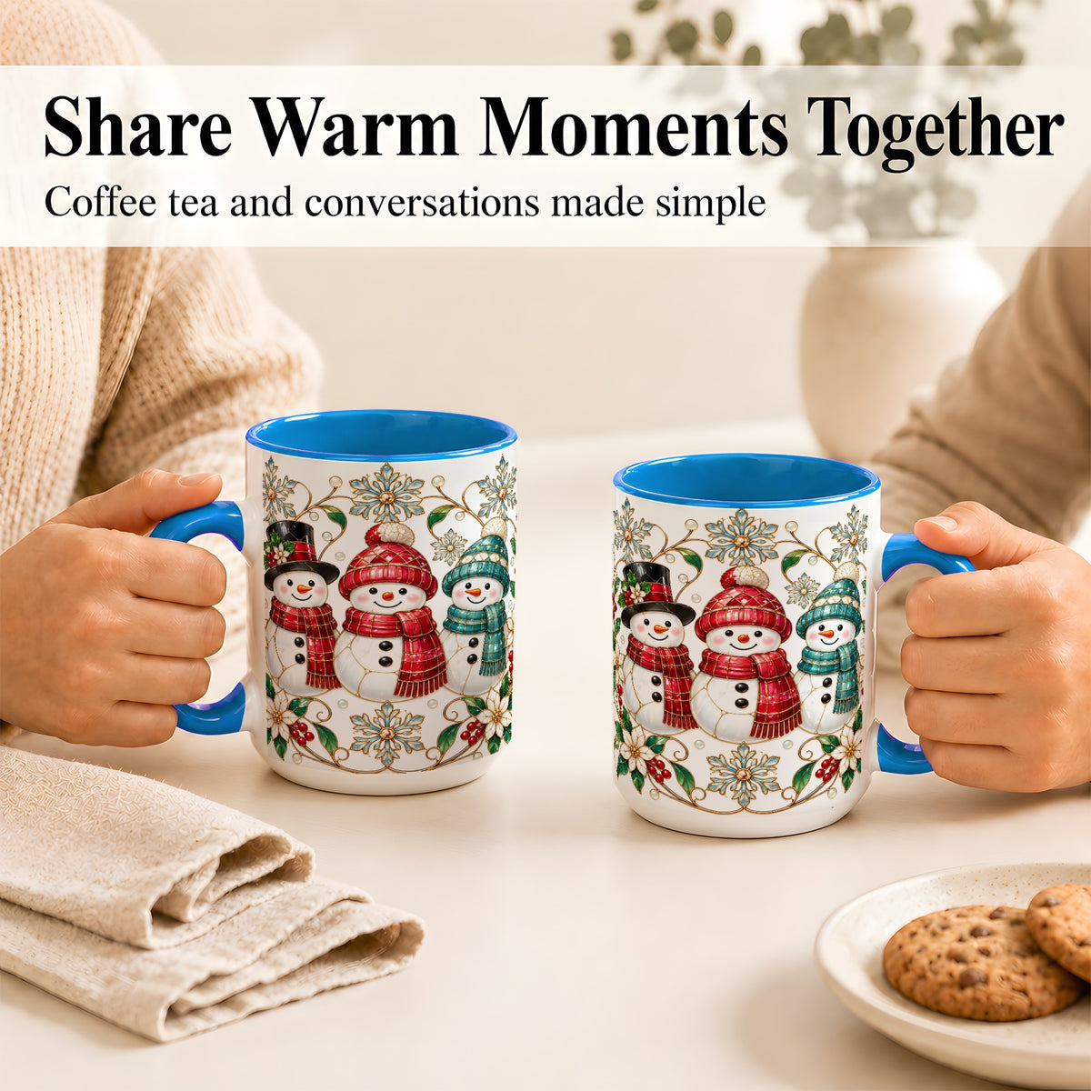 #pl[15oz|Blue] Stained Glass Snowman Coffee Mug, Christmas Snowman Mug, Ceramic Cup