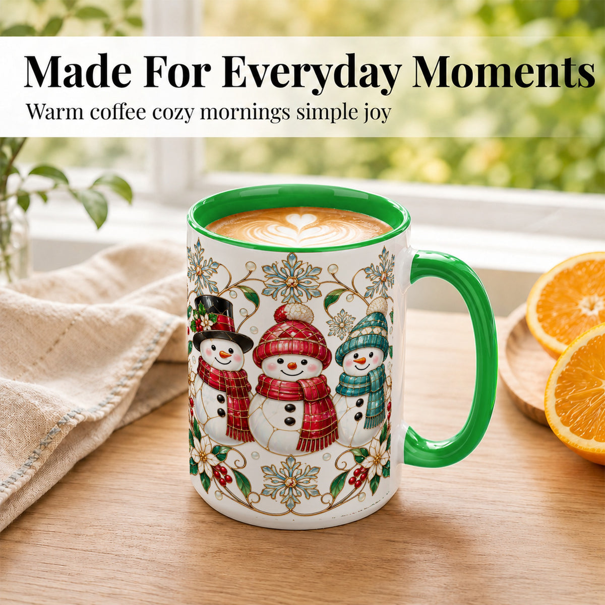 #pl[15oz|Green] Stained Glass Snowman Coffee Mug, Christmas Snowman Mug, Ceramic Cup
