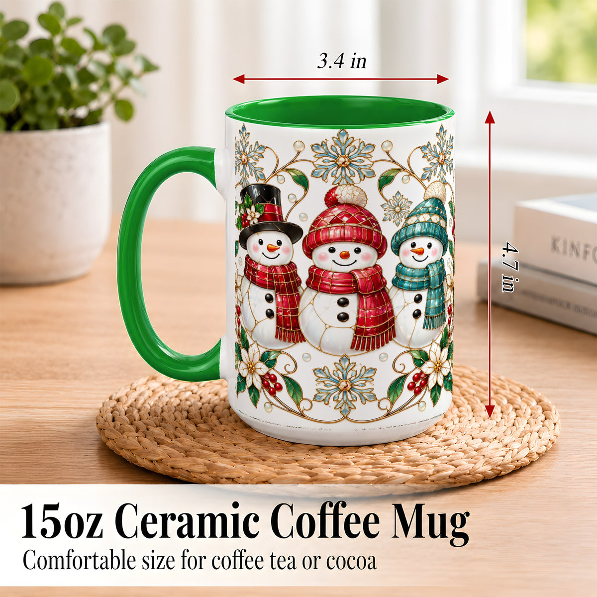 #pl[15oz|Green] Stained Glass Snowman Coffee Mug, Christmas Snowman Mug, Ceramic Cup