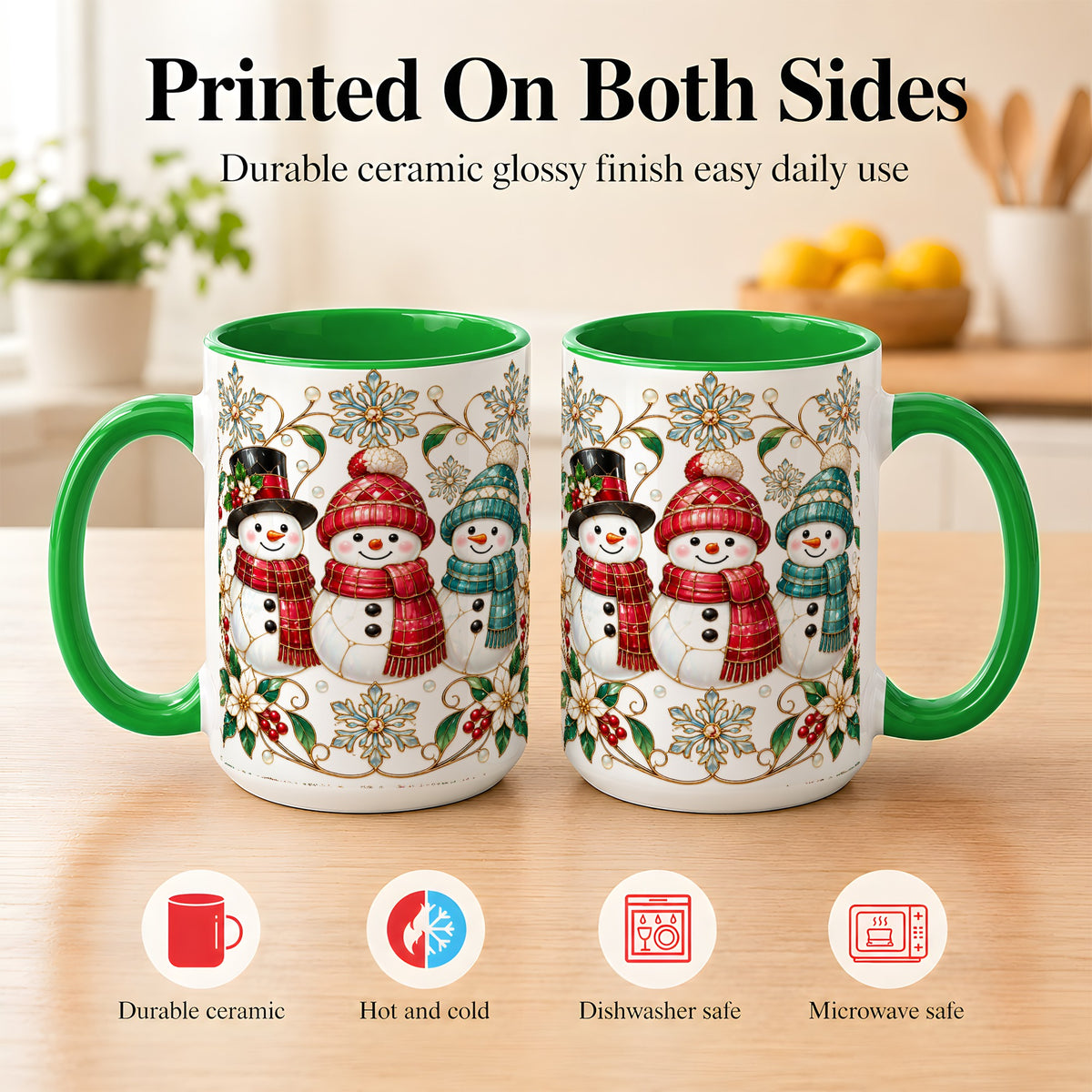 #pl[15oz|Green] Stained Glass Snowman Coffee Mug, Christmas Snowman Mug, Ceramic Cup