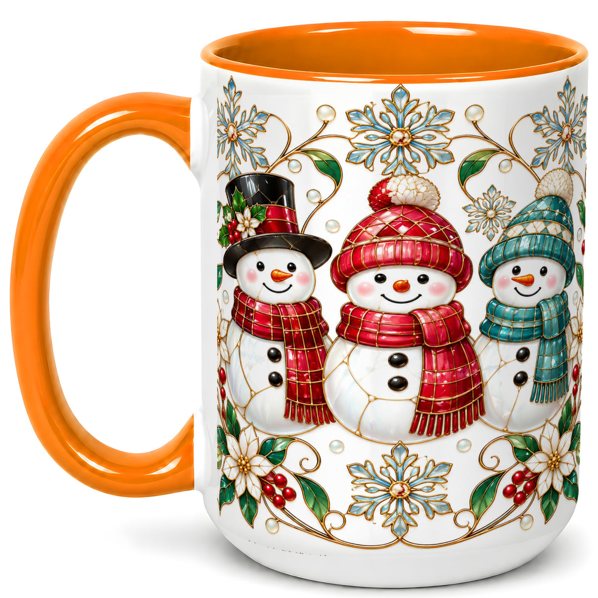 #pl[15oz|Orange] Stained Glass Snowman Coffee Mug, Christmas Snowman Mug, Ceramic Cup