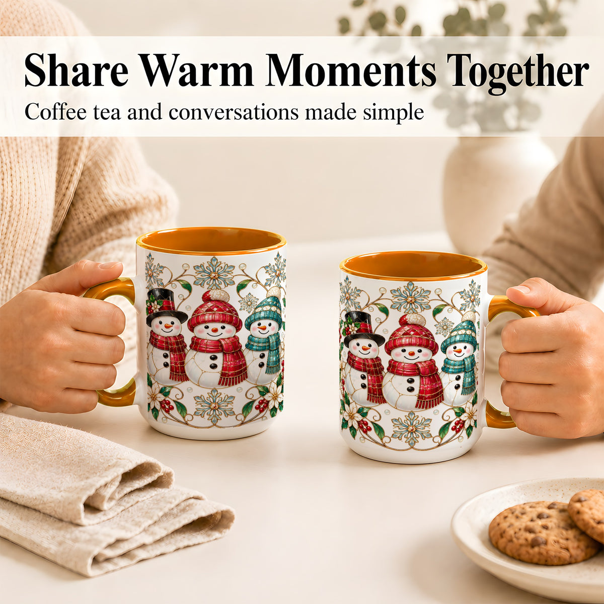 #pl[15oz|Orange] Stained Glass Snowman Coffee Mug, Christmas Snowman Mug, Ceramic Cup