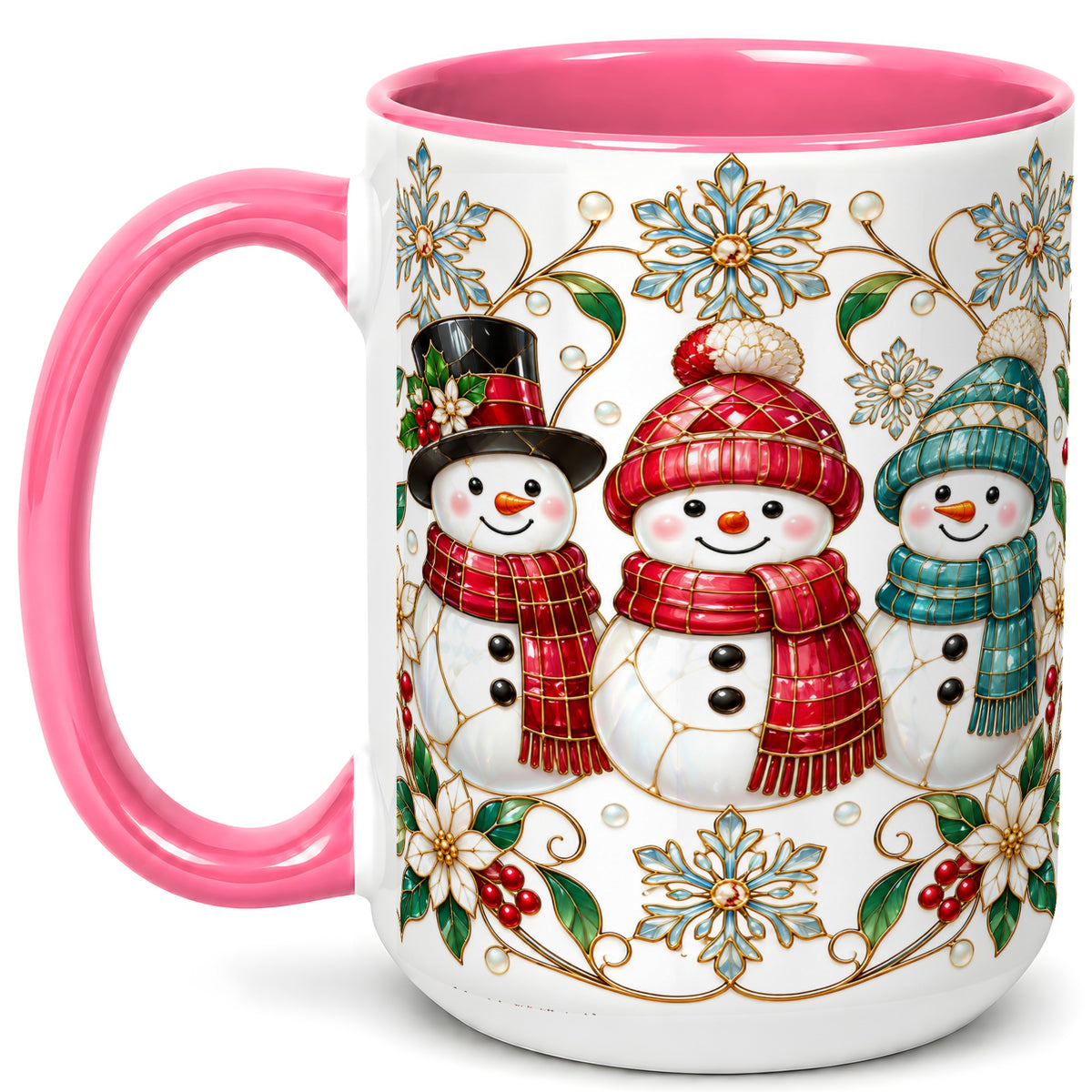 #pl[15oz|Pink] Stained Glass Snowman Coffee Mug, Christmas Snowman Mug, Ceramic Cup