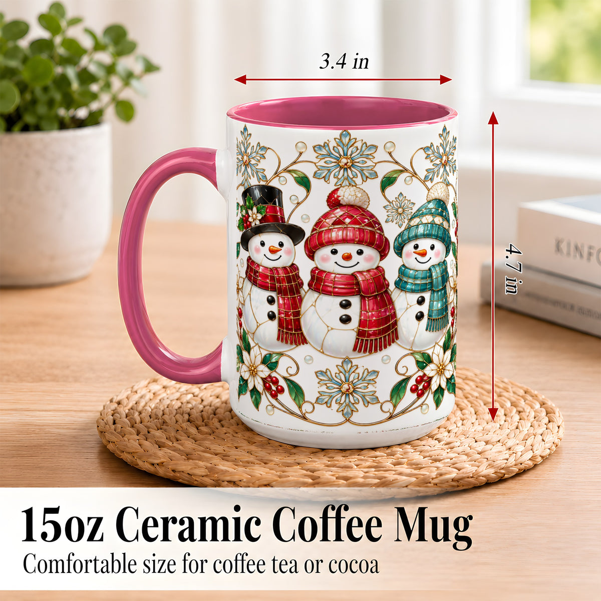 #pl[15oz|Pink] Stained Glass Snowman Coffee Mug, Christmas Snowman Mug, Ceramic Cup