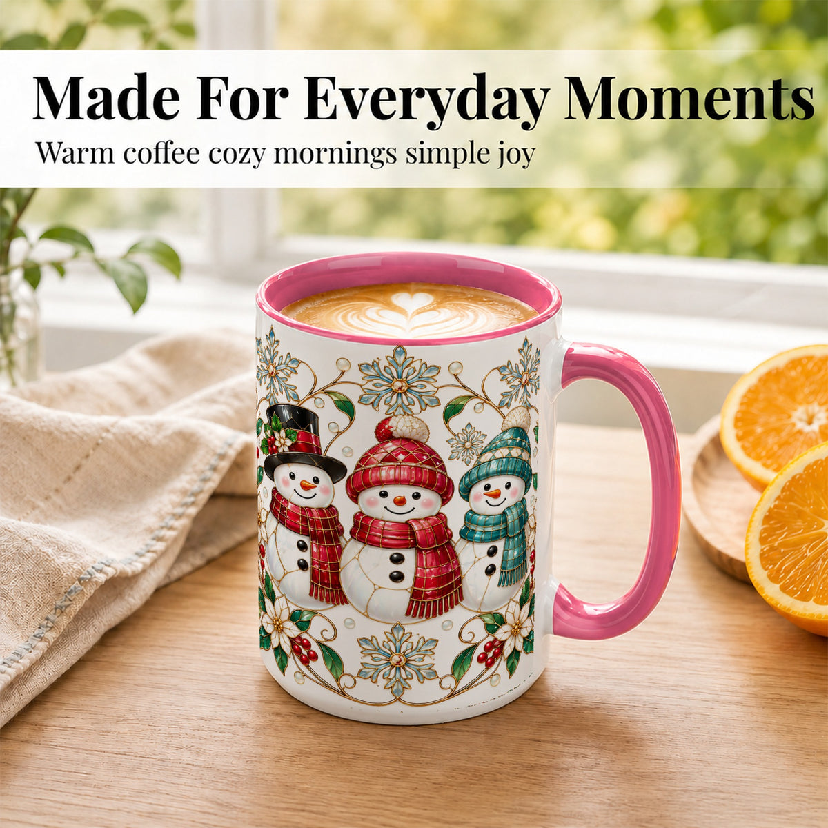 #pl[15oz|Pink] Stained Glass Snowman Coffee Mug, Christmas Snowman Mug, Ceramic Cup