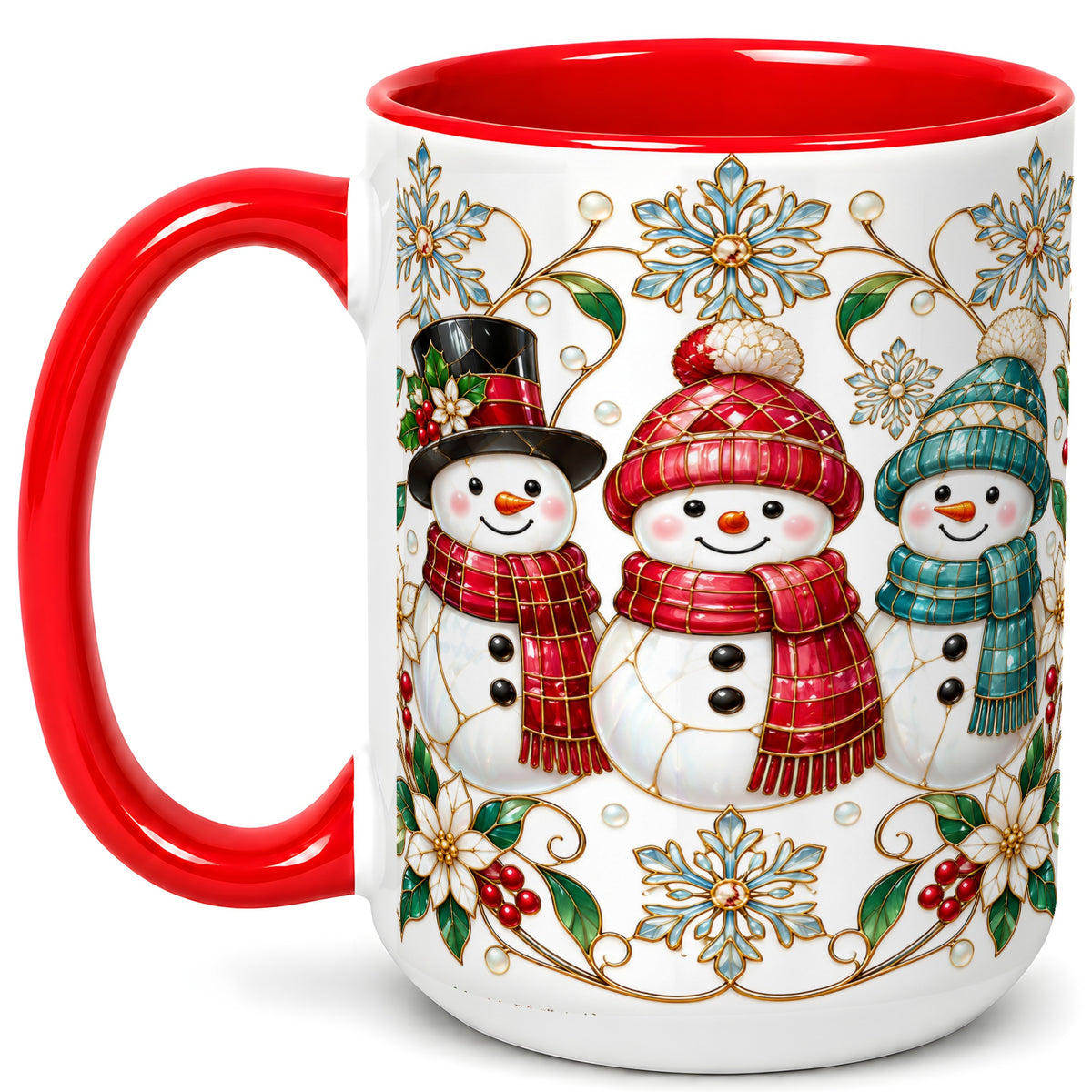 #pl[15oz|Red] Stained Glass Snowman Coffee Mug, Christmas Snowman Mug, Ceramic Cup