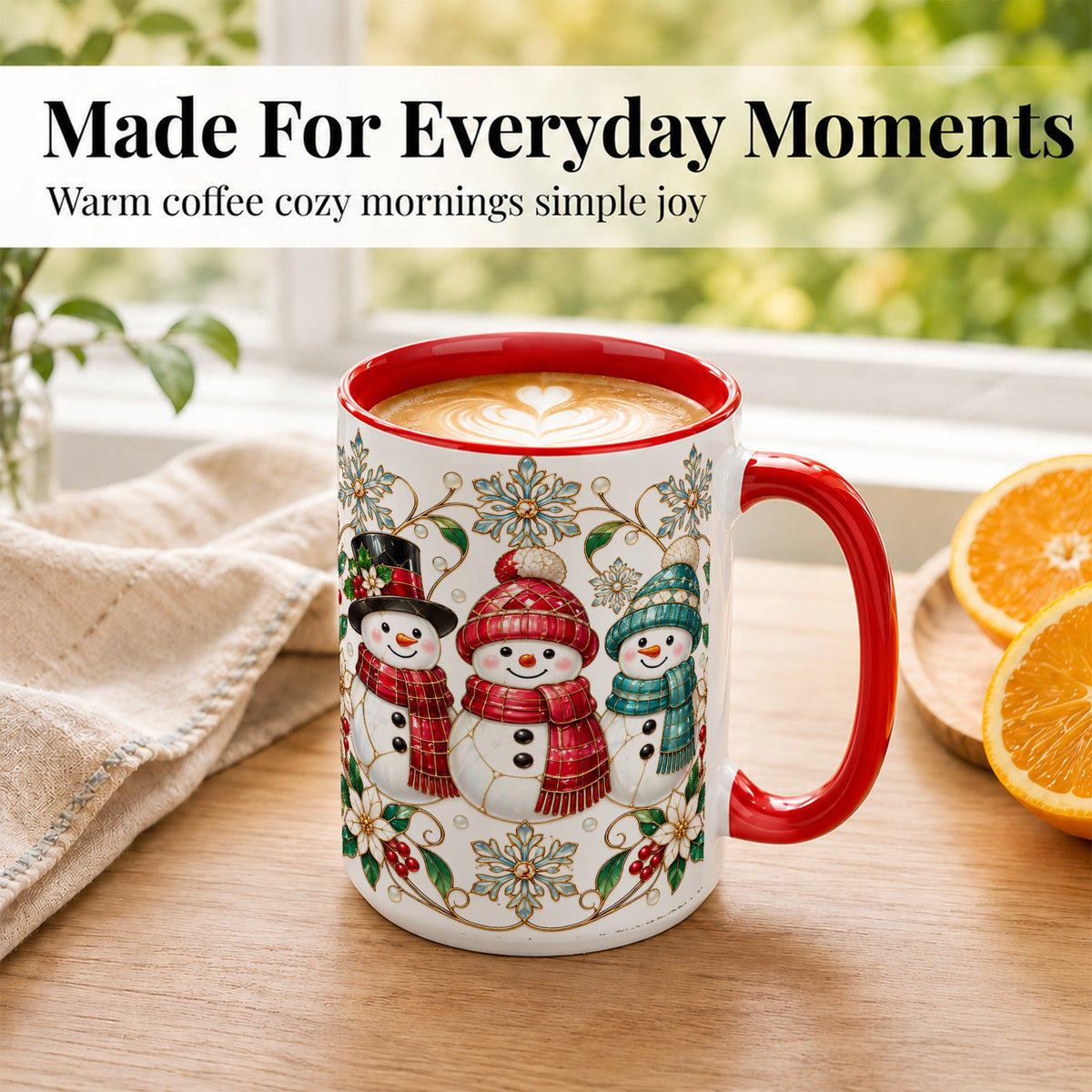 #pl[15oz|Red] Stained Glass Snowman Coffee Mug, Christmas Snowman Mug, Ceramic Cup