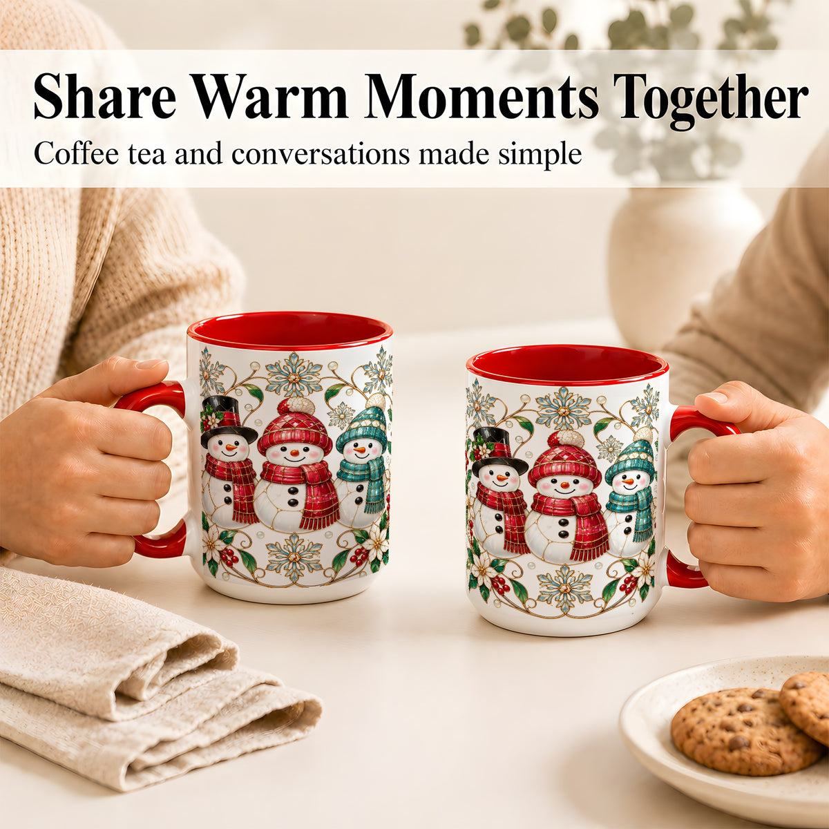 #pl[15oz|Red] Stained Glass Snowman Coffee Mug, Christmas Snowman Mug, Ceramic Cup
