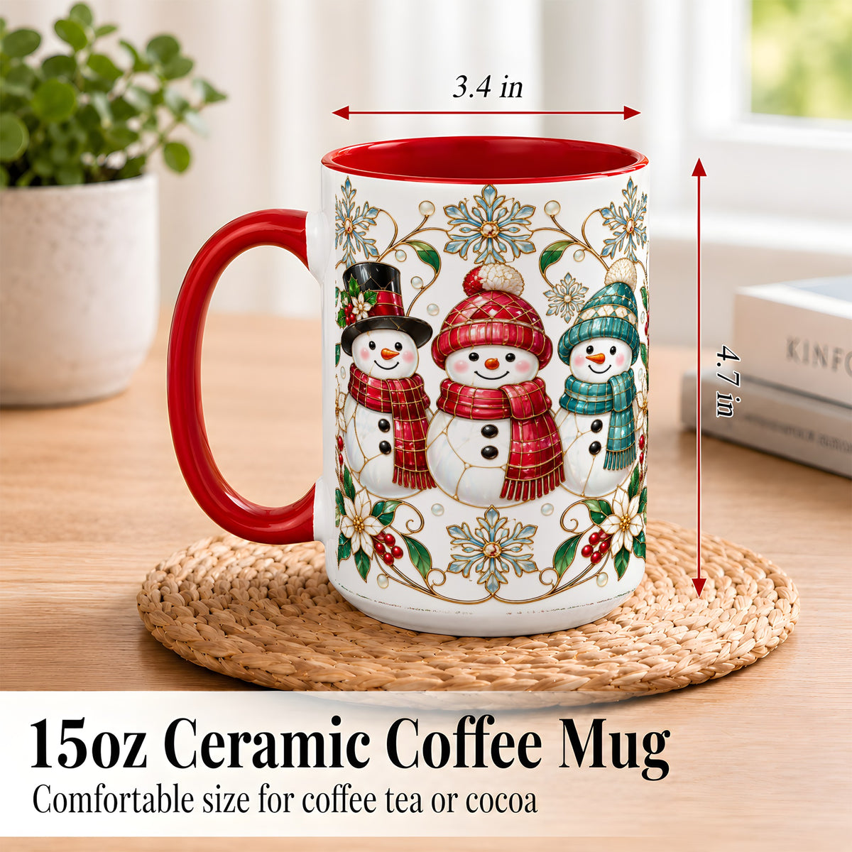 #pl[15oz|Red] Stained Glass Snowman Coffee Mug, Christmas Snowman Mug, Ceramic Cup
