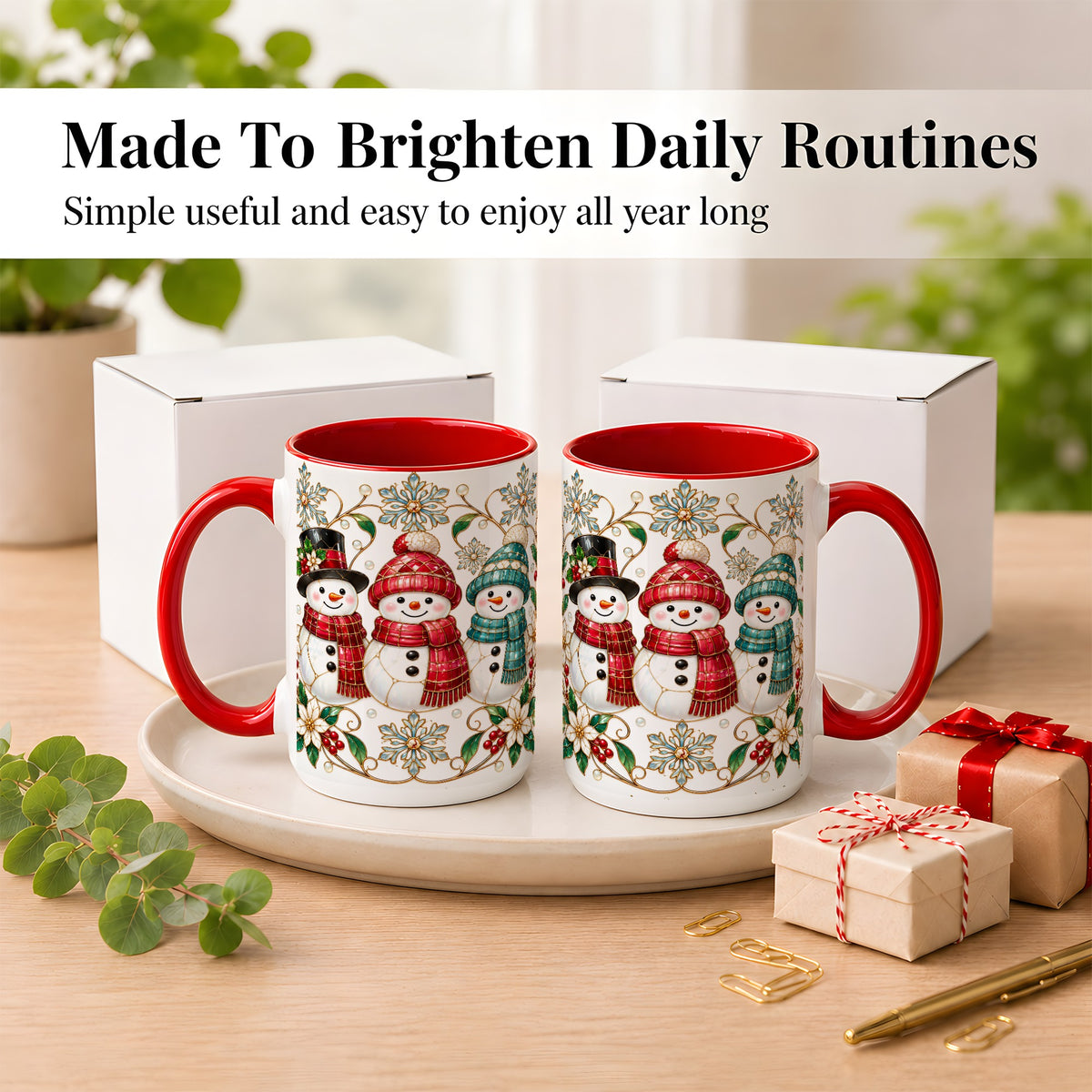 #pl[15oz|Red] Stained Glass Snowman Coffee Mug, Christmas Snowman Mug, Ceramic Cup