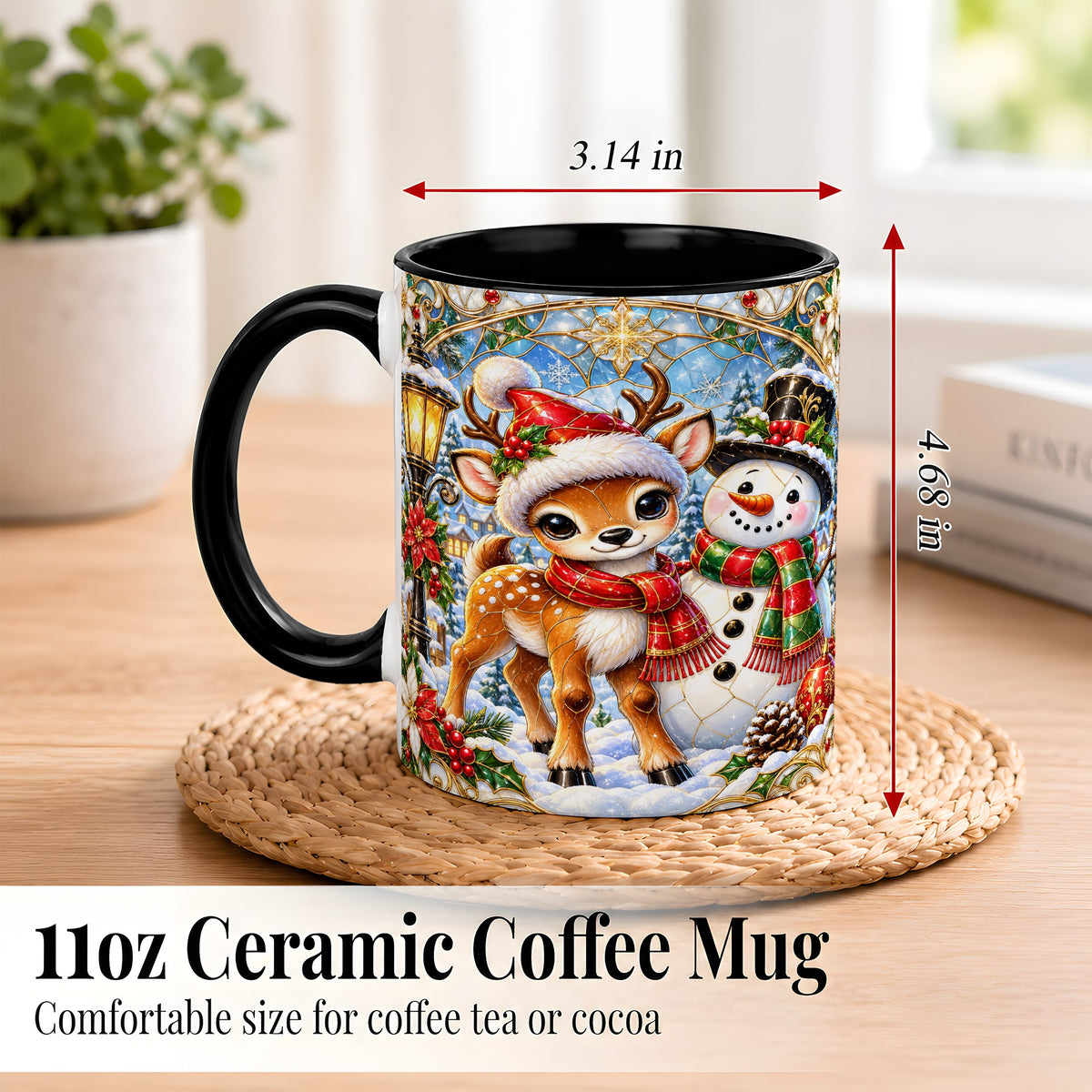 #pl[11oz|Black] Christmas Reindeer Snowman Coffee Mug, Winter Mug, Ceramic Cup