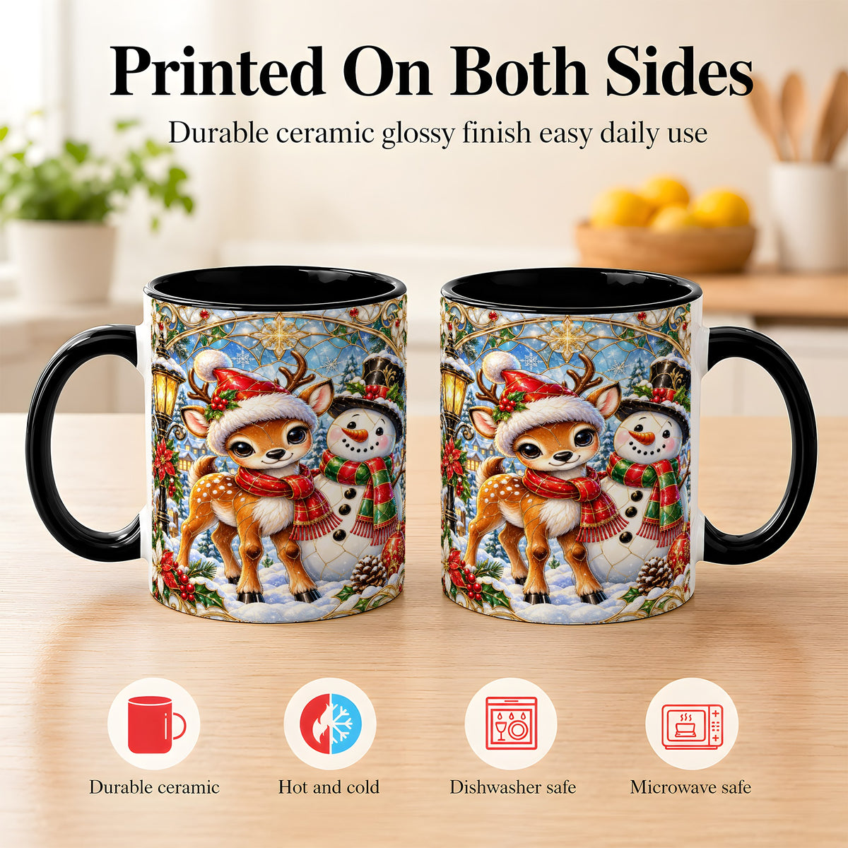 #pl[11oz|Black] Christmas Reindeer Snowman Coffee Mug, Winter Mug, Ceramic Cup